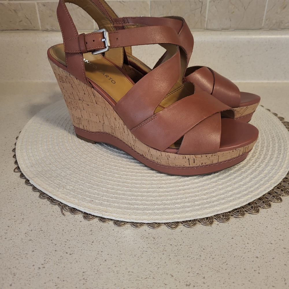 Franco Sarto Kelsey Size 10 M Slingback Brown Leather Wedge Sandals